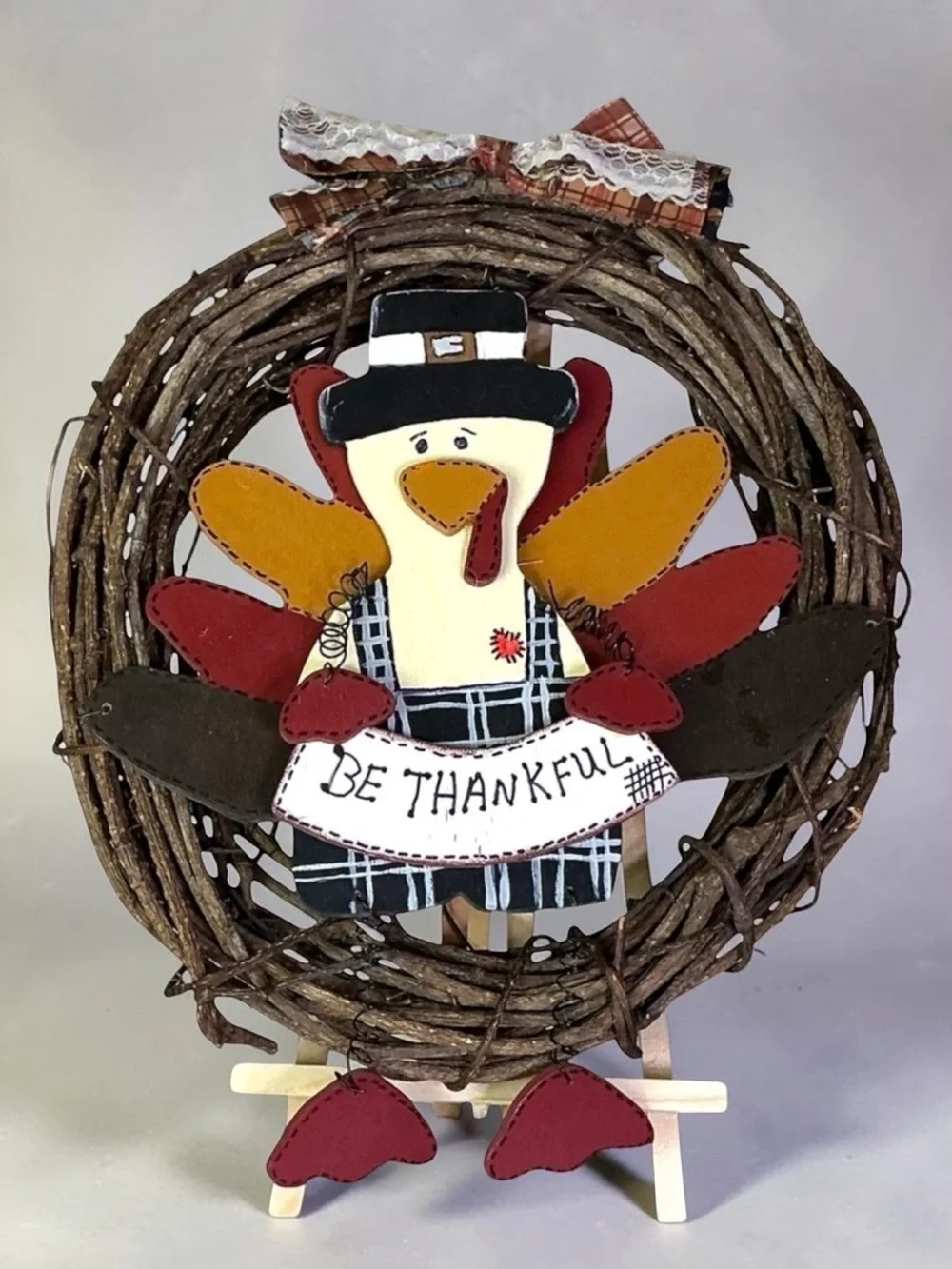 Hand Crafted Thanksgiving Turkey Wreath BeThankful Rustic Red Brown Accent 14 In
